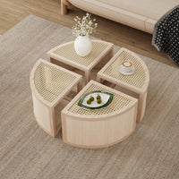 Modular Round To Square Coffee Table With Storage Light Natural Rattan And Wood 4 Piece Set