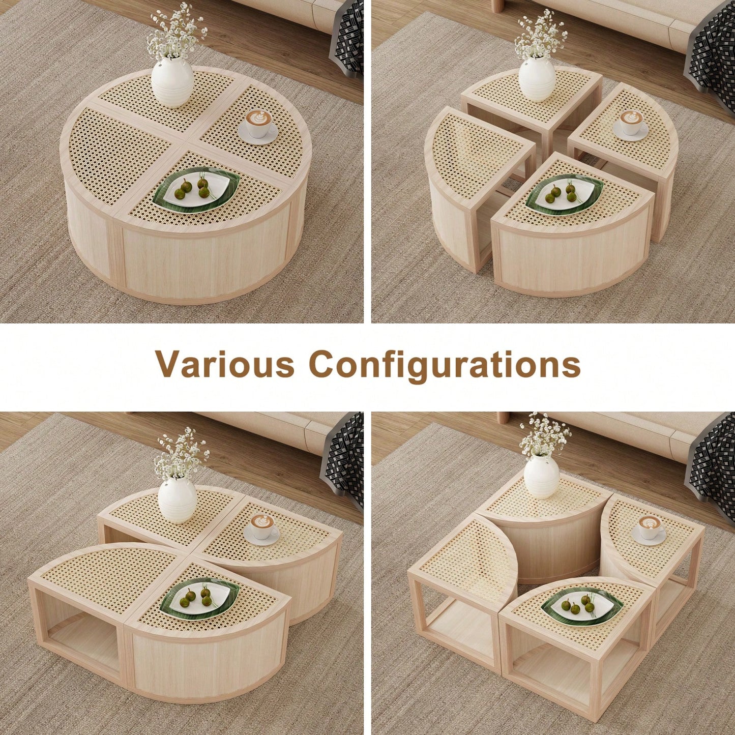 Modular Round To Square Coffee Table With Storage Light Natural Rattan And Wood 4 Piece Set