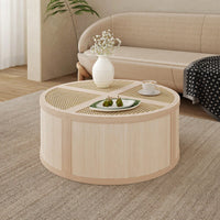 Modular Round To Square Coffee Table With Storage Light Natural Rattan And Wood 4 Piece Set