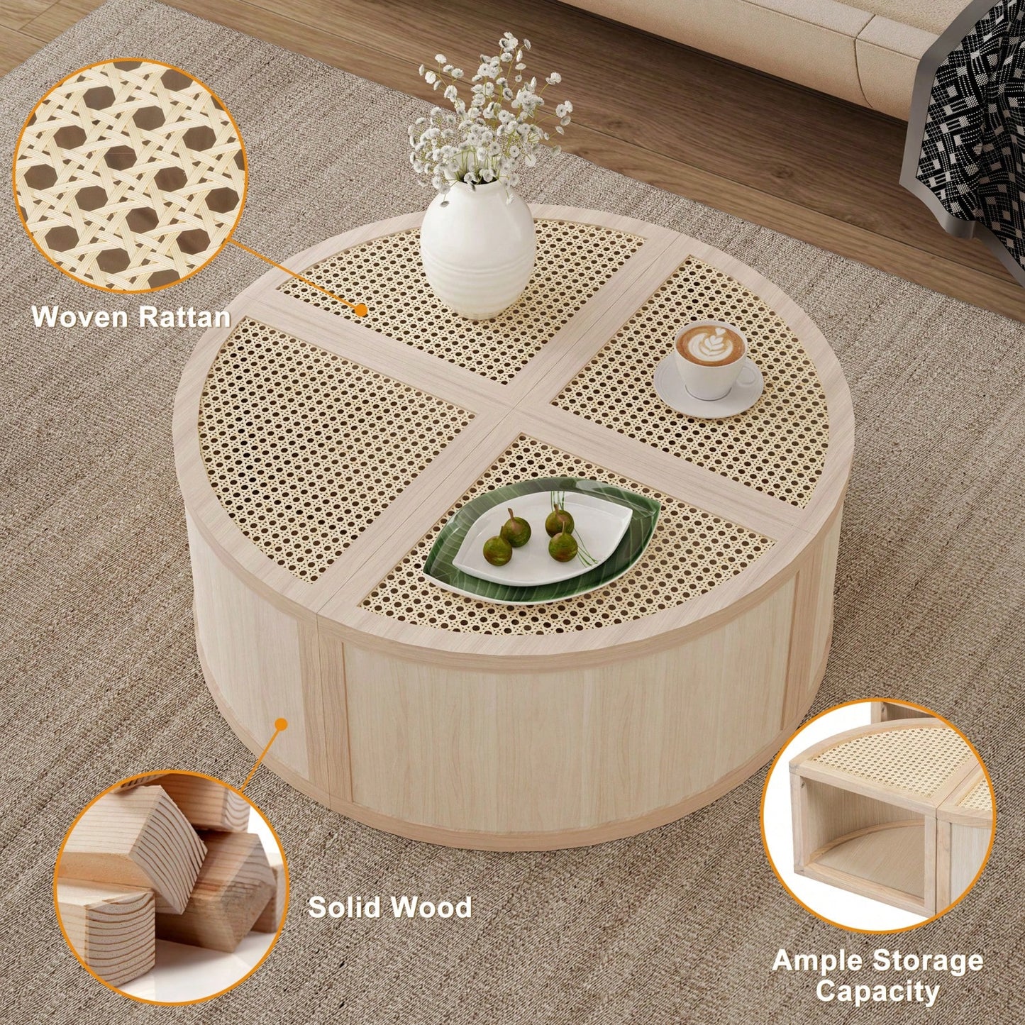 Modular Round To Square Coffee Table With Storage Light Natural Rattan And Wood 4 Piece Set