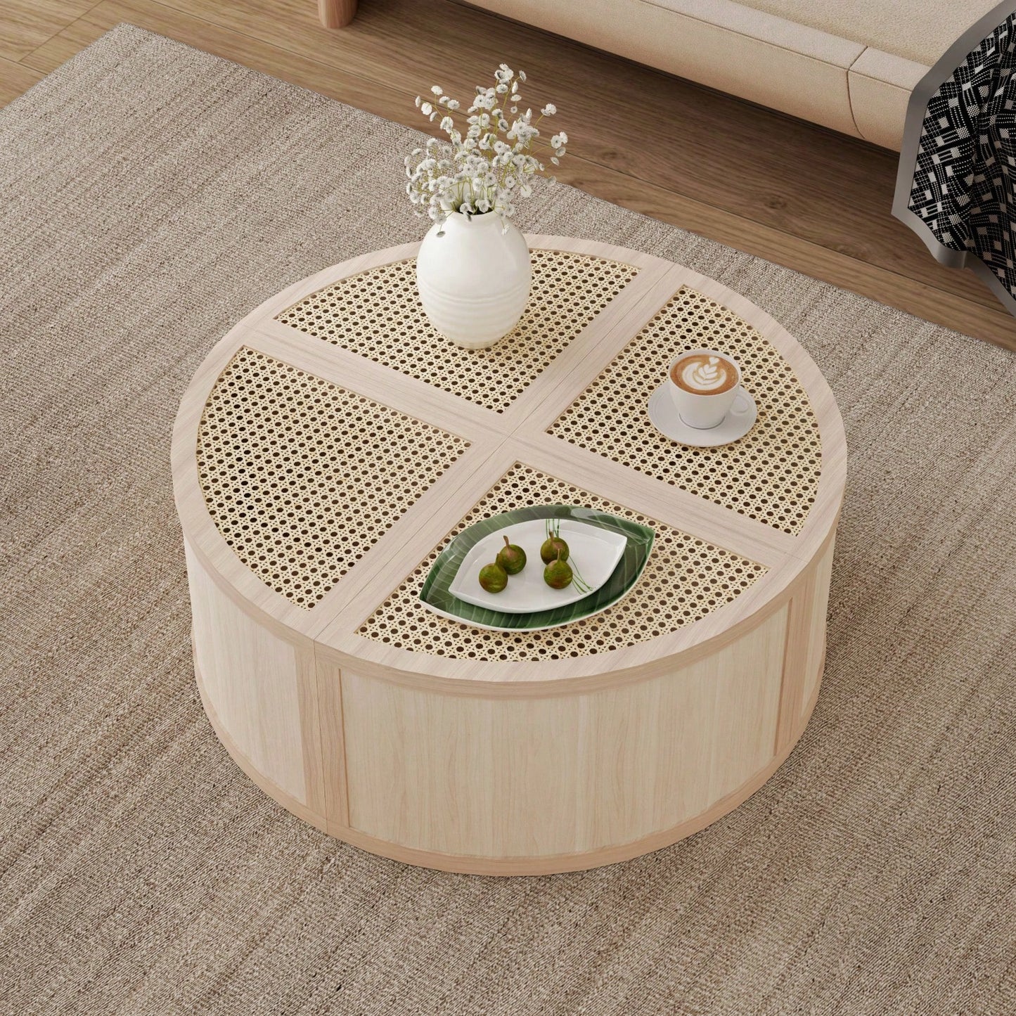 Modular Round To Square Coffee Table With Storage Light Natural Rattan And Wood 4 Piece Set