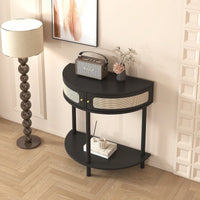 Unique Half Moon Rattan End Table With Storage Drawers And Bottom Shelf For Living Room And Bedroom Decor