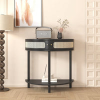 Unique Half Moon Rattan End Table With Storage Drawers And Bottom Shelf For Living Room And Bedroom Decor