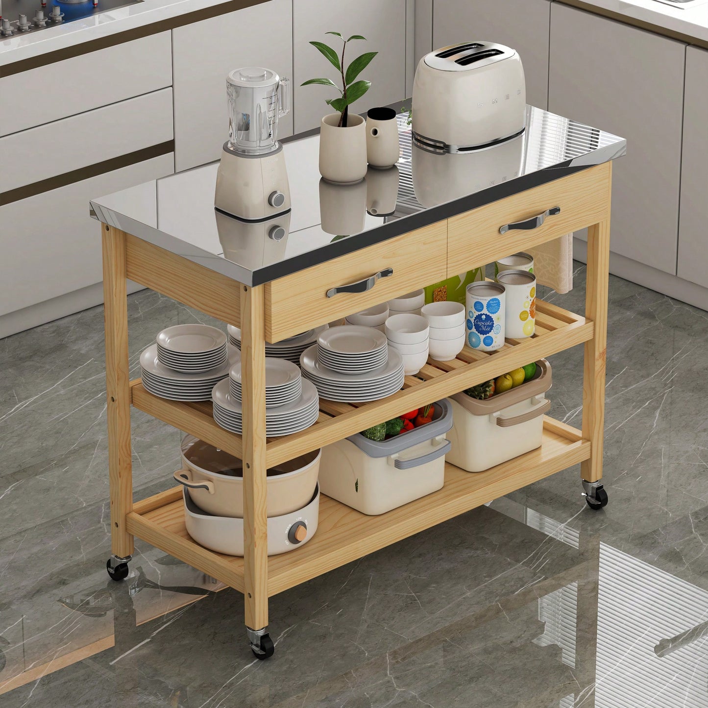 Stainless Steel Top Rolling Kitchen Cart With Solid Wood Storage Drawers And Shelves, Versatile Utility Trolley For Kitchen And Dining