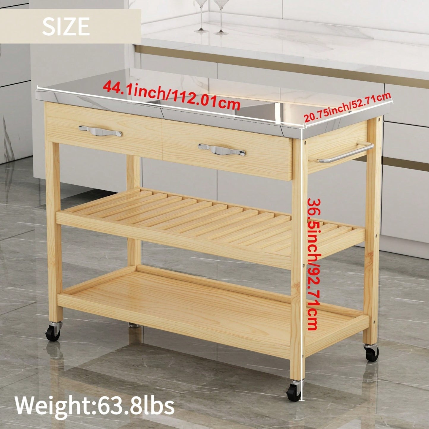 Stainless Steel Top Rolling Kitchen Cart With Solid Wood Storage Drawers And Shelves, Versatile Utility Trolley For Kitchen And Dining