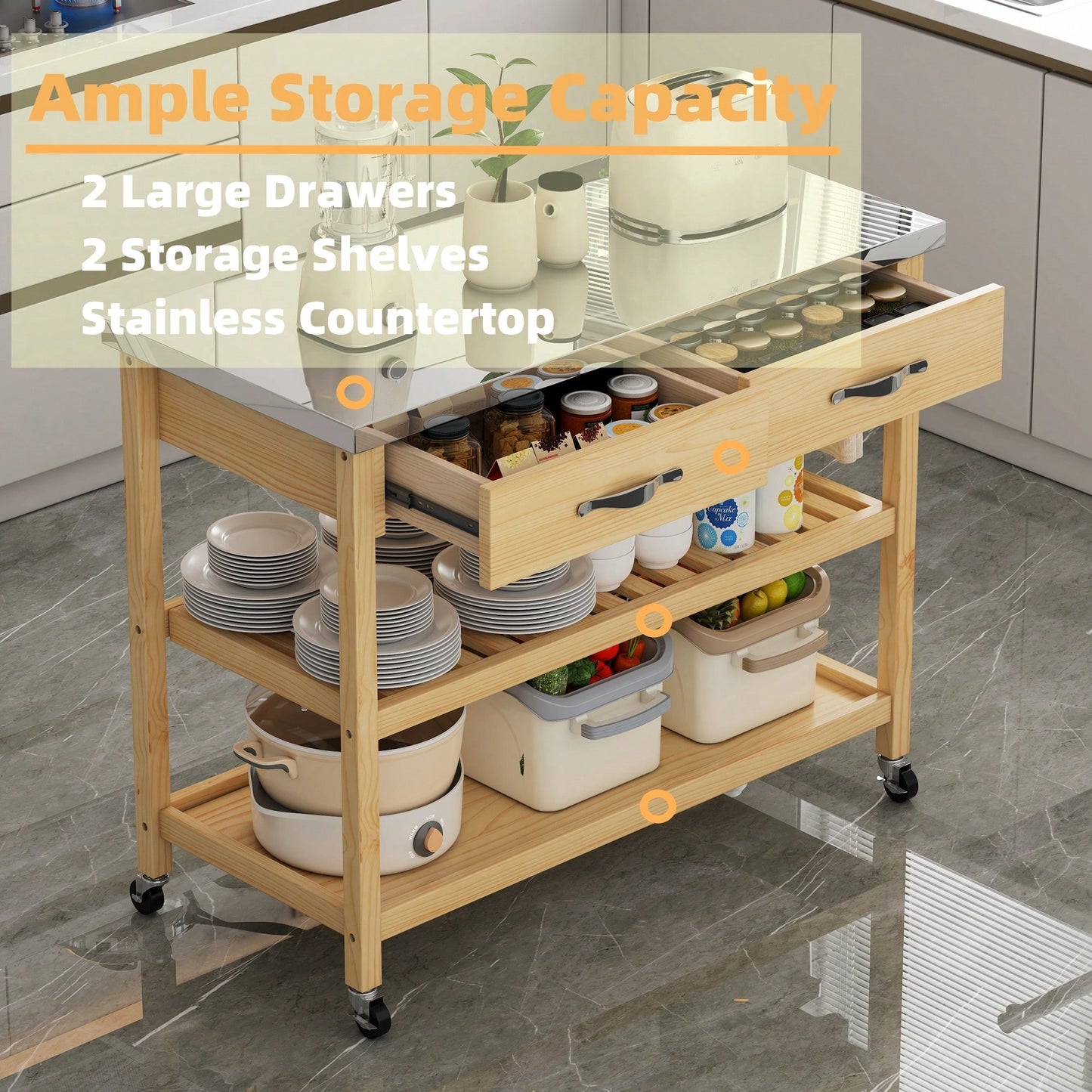 Stainless Steel Top Rolling Kitchen Cart With Solid Wood Storage Drawers And Shelves, Versatile Utility Trolley For Kitchen And Dining