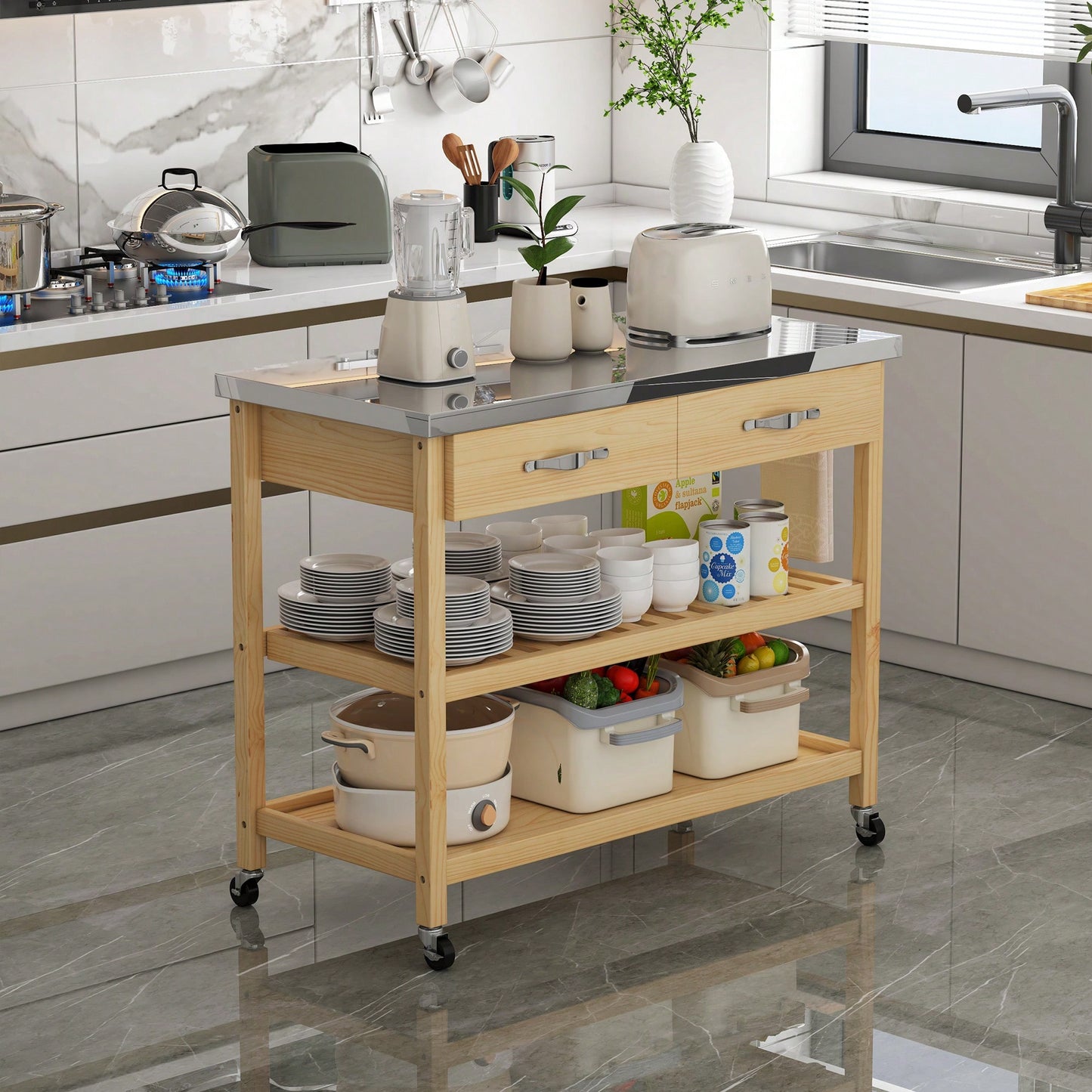 Stainless Steel Top Rolling Kitchen Cart With Solid Wood Storage Drawers And Shelves, Versatile Utility Trolley For Kitchen And Dining