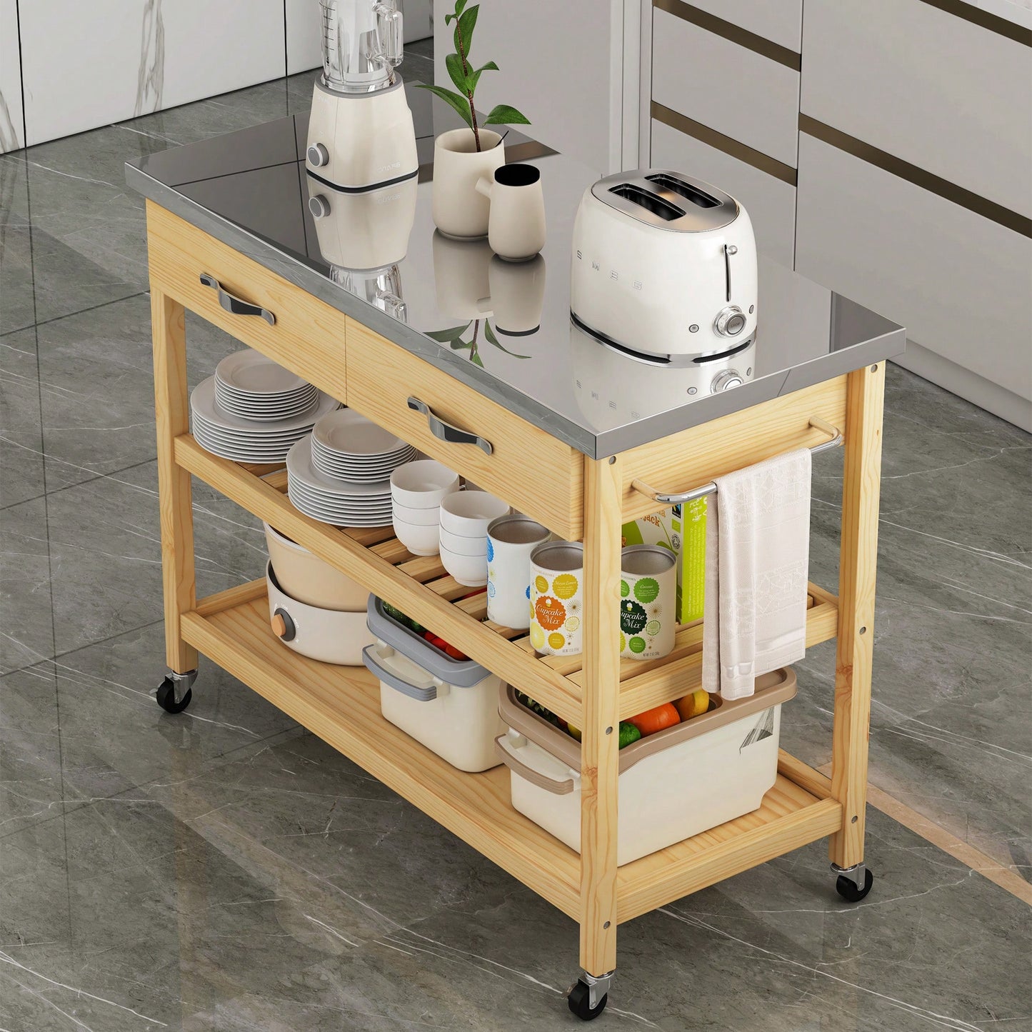 Stainless Steel Top Rolling Kitchen Cart With Solid Wood Storage Drawers And Shelves, Versatile Utility Trolley For Kitchen And Dining