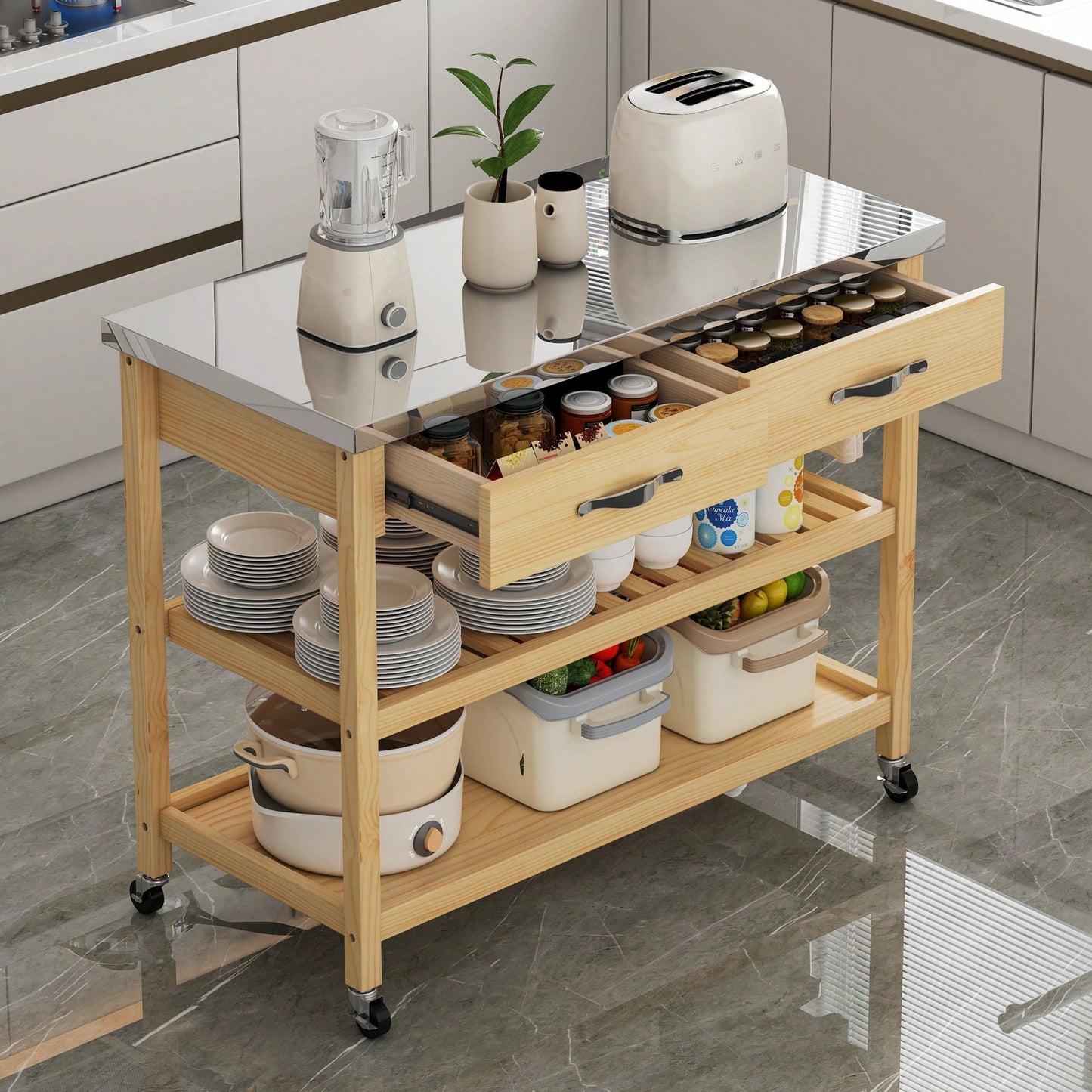 Stainless Steel Top Rolling Kitchen Cart With Solid Wood Storage Drawers And Shelves, Versatile Utility Trolley For Kitchen And Dining