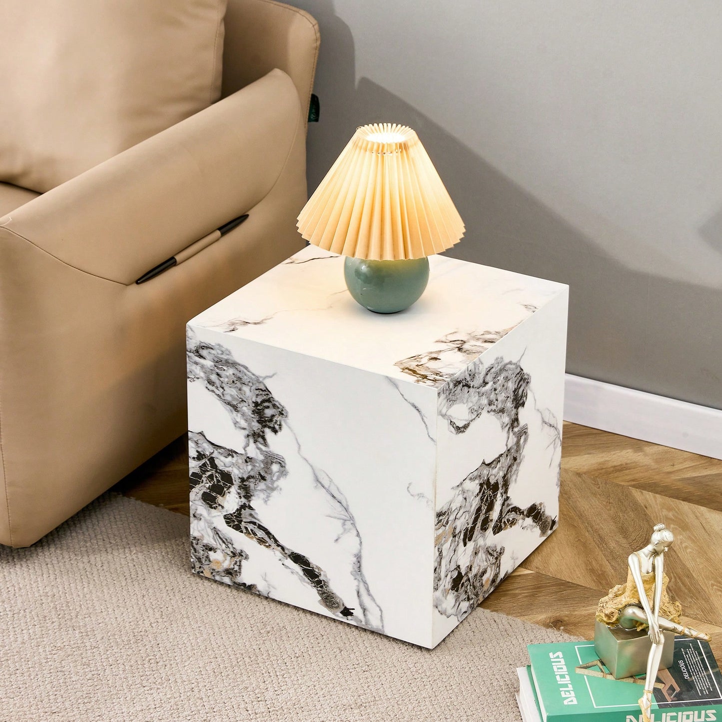 Modern 15.75 Inch White MDF Cube Coffee Table With Stylish Texture And Easy Assembly
