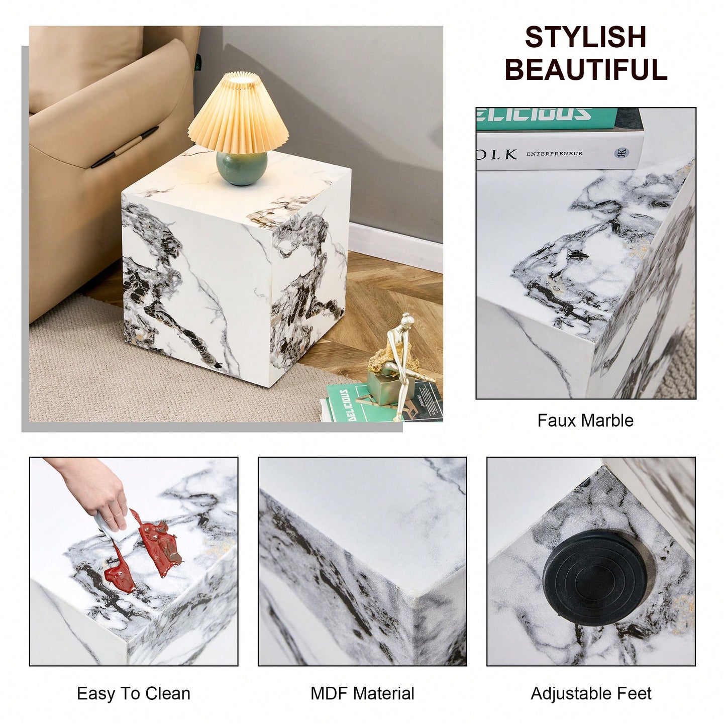 Modern 15.75 Inch White MDF Cube Coffee Table With Stylish Texture And Easy Assembly