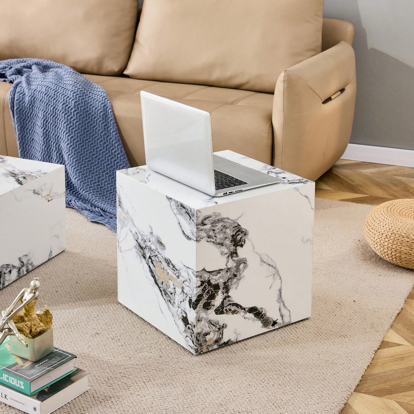 Modern 15.75 Inch White MDF Cube Coffee Table With Stylish Texture And Easy Assembly