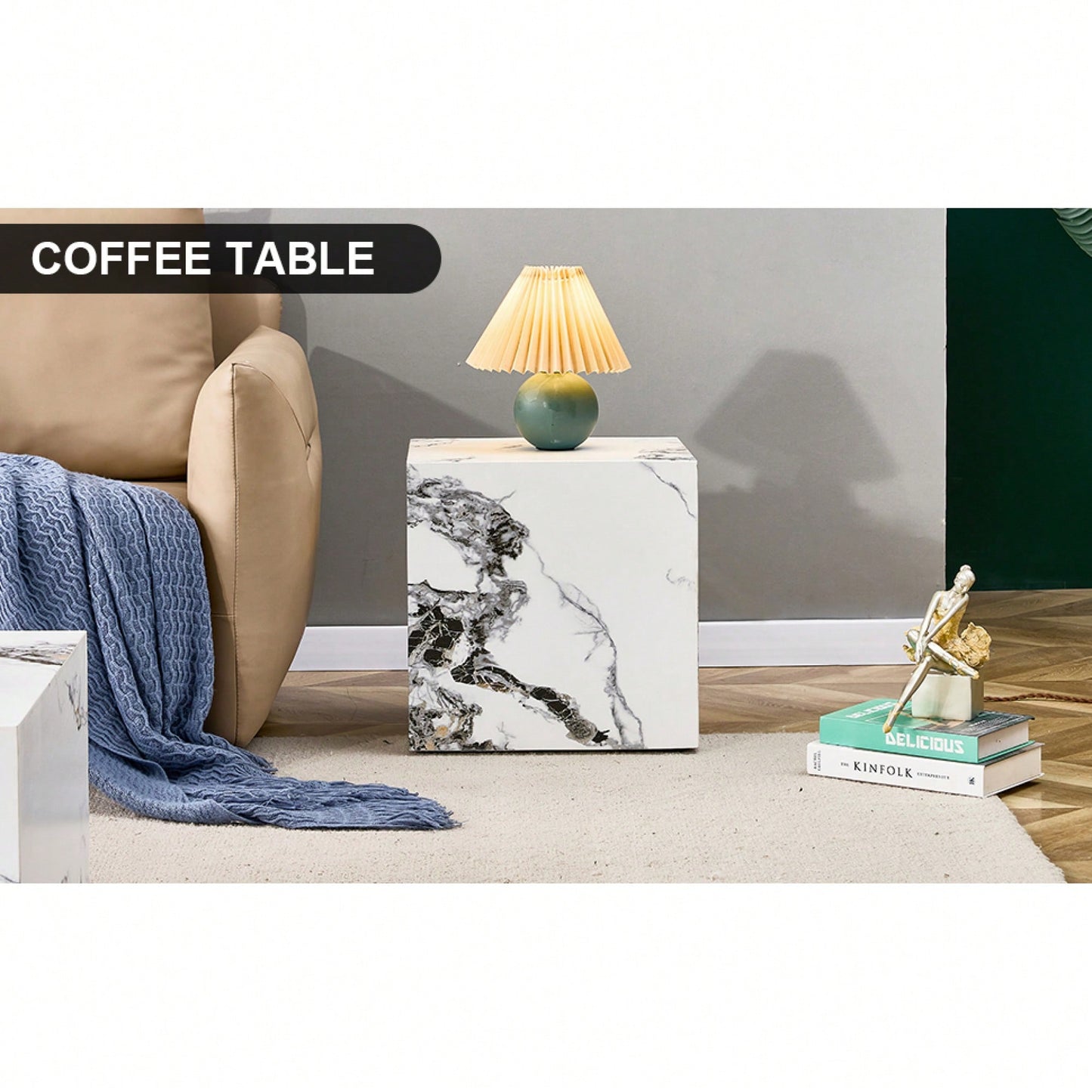 Modern 15.75 Inch White MDF Cube Coffee Table With Stylish Texture And Easy Assembly