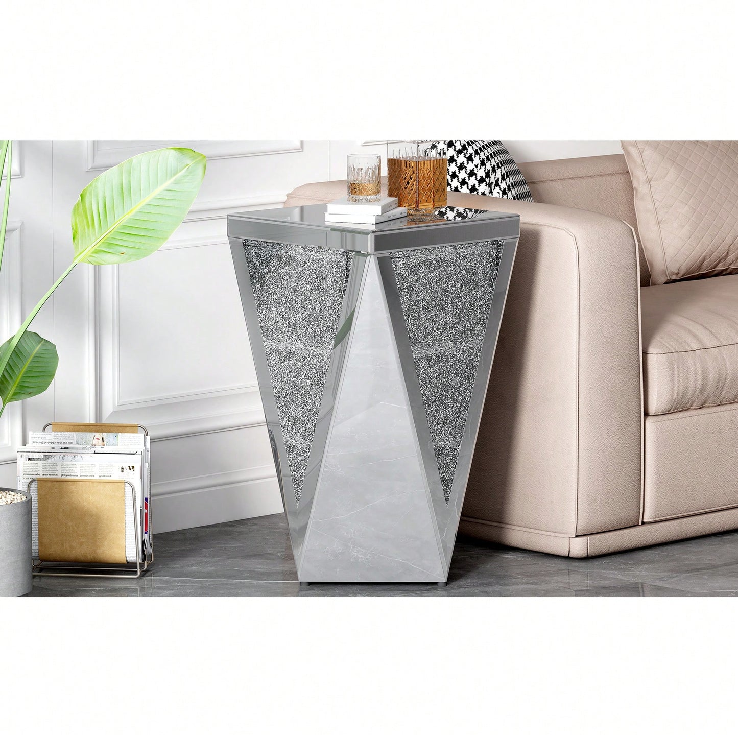 Modern 13.8'' Square Mirrored End Table With Crushed Diamond Accents For Living Room And Hallway Decor, Fully Assembled