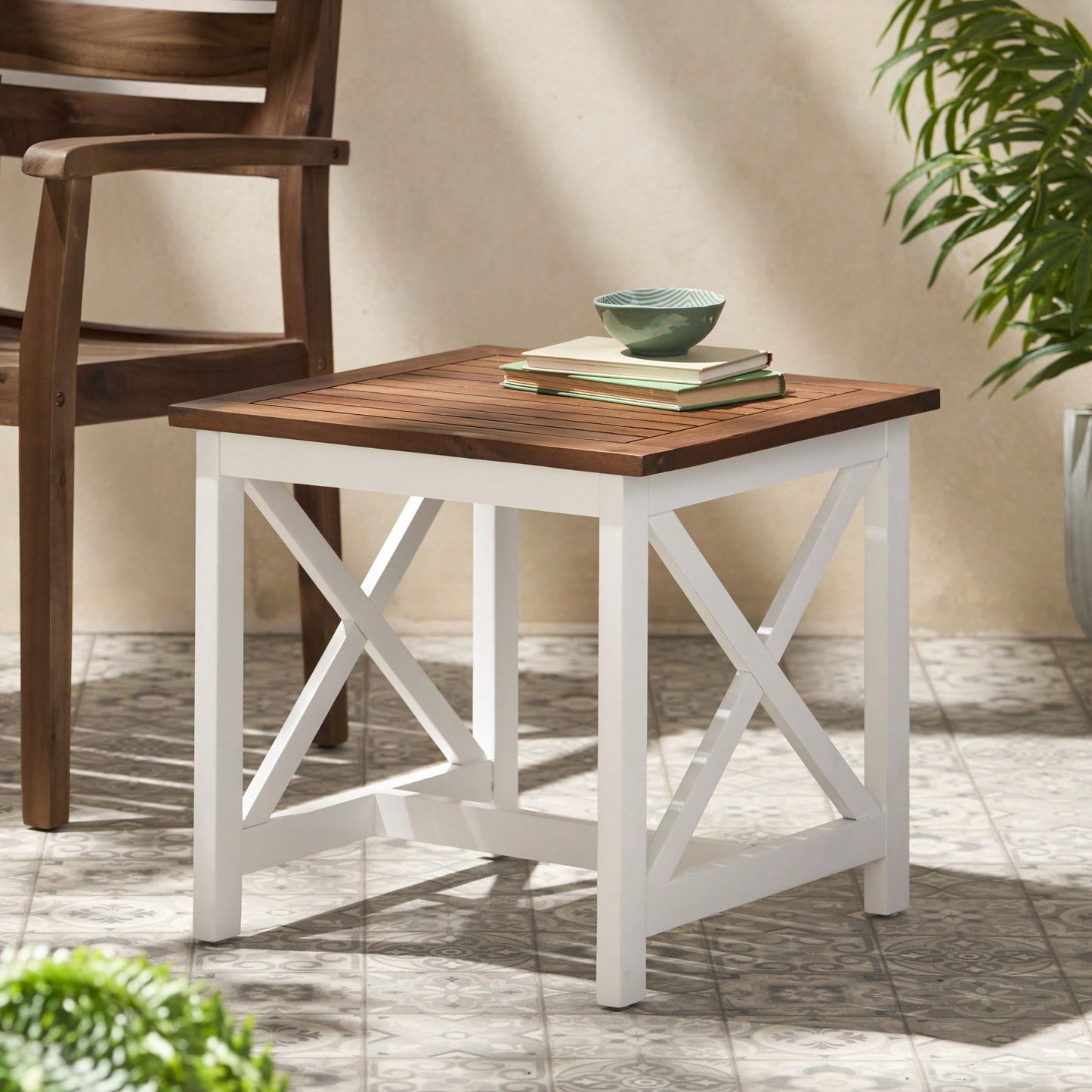 Stylish Two-Toned Acacia Wood End Table With Modern Farmhouse Design For Living Room