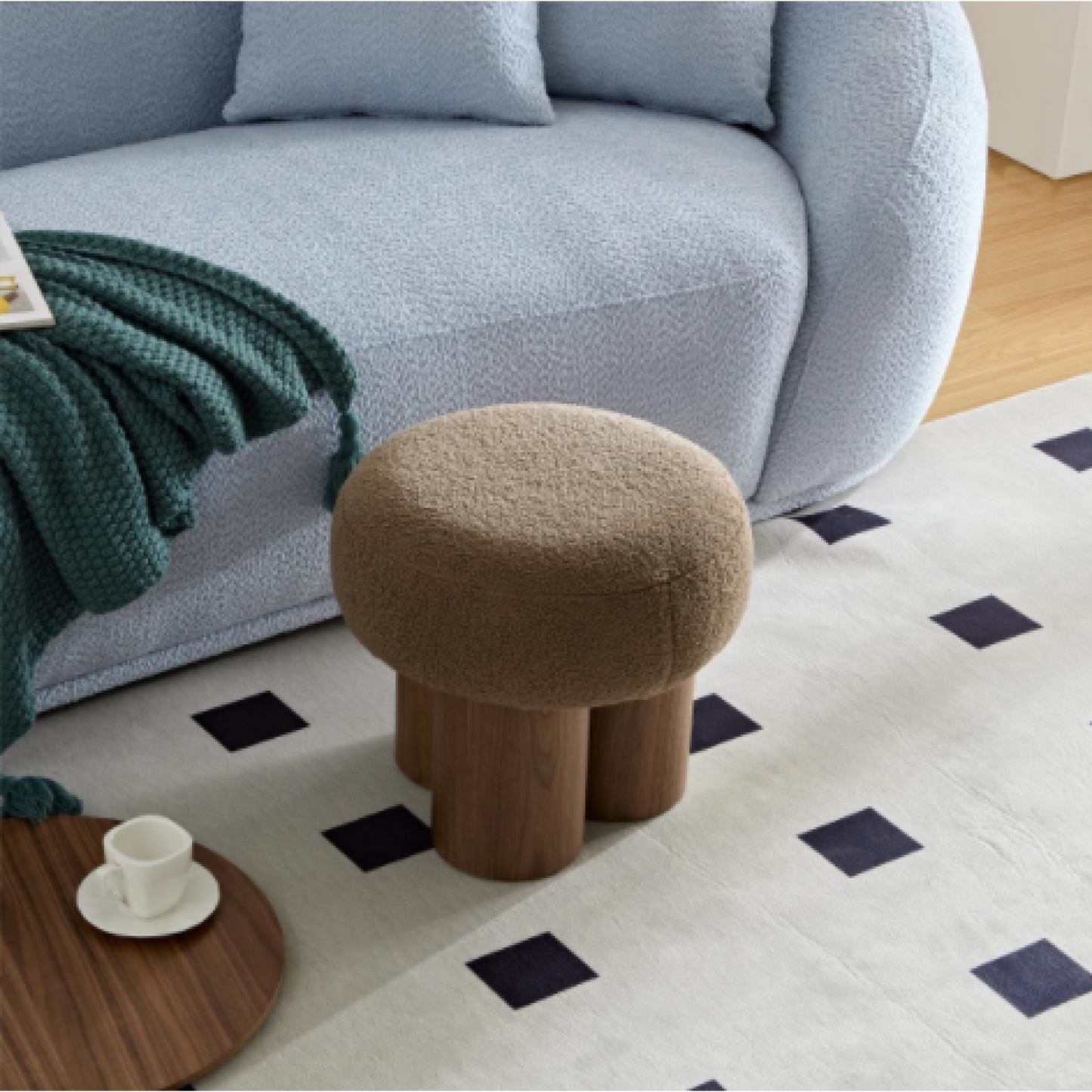 Versatile Mushroom Stool With Brown Lamb Wool Seat And Walnut Veneer, Ideal For Footrest Or Toy Storage, Space-Saving Design