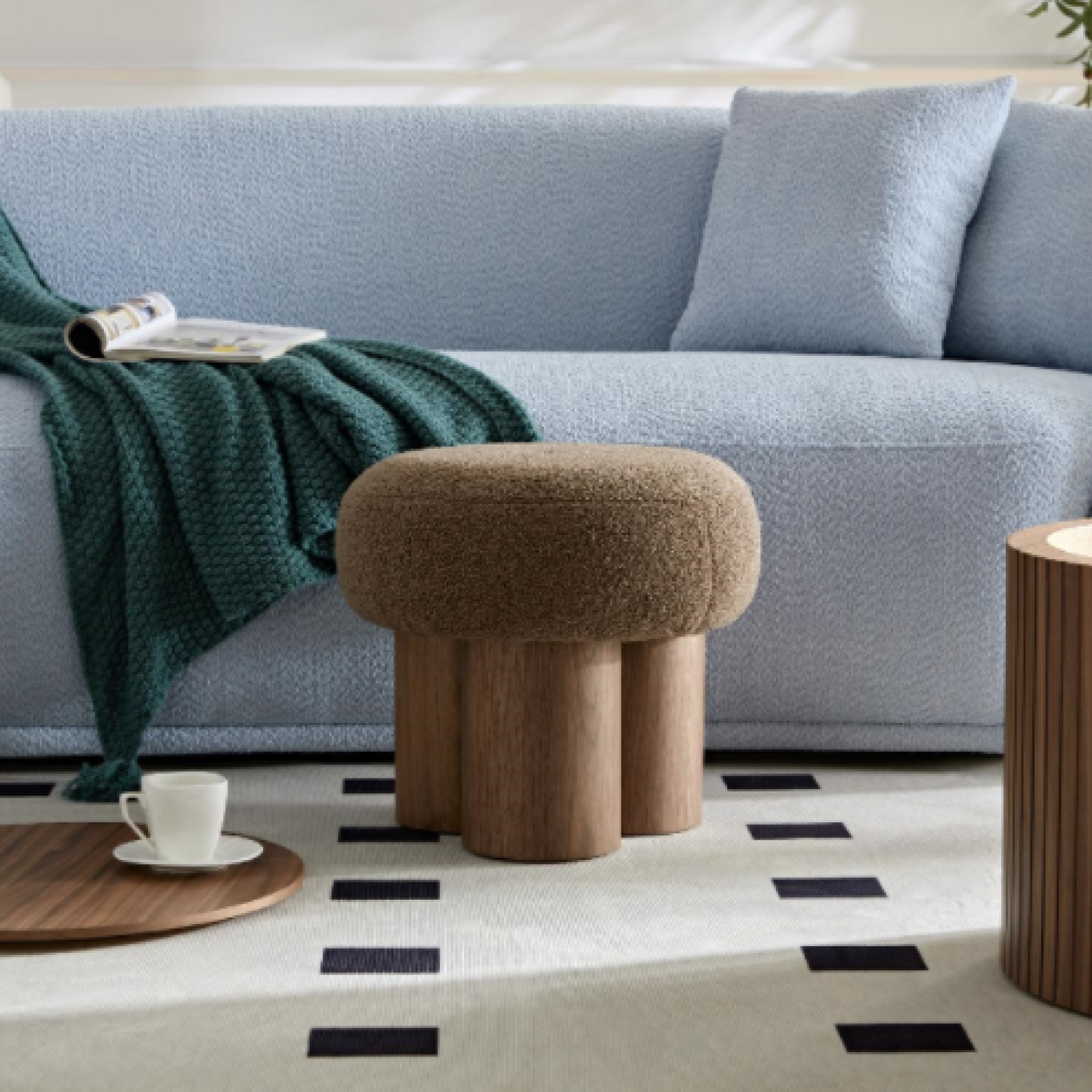 Versatile Mushroom Stool With Brown Lamb Wool Seat And Walnut Veneer, Ideal For Footrest Or Toy Storage, Space-Saving Design