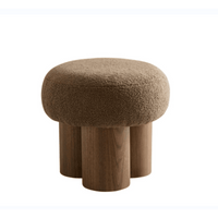 Versatile Mushroom Stool With Brown Lamb Wool Seat And Walnut Veneer, Ideal For Footrest Or Toy Storage, Space-Saving Design