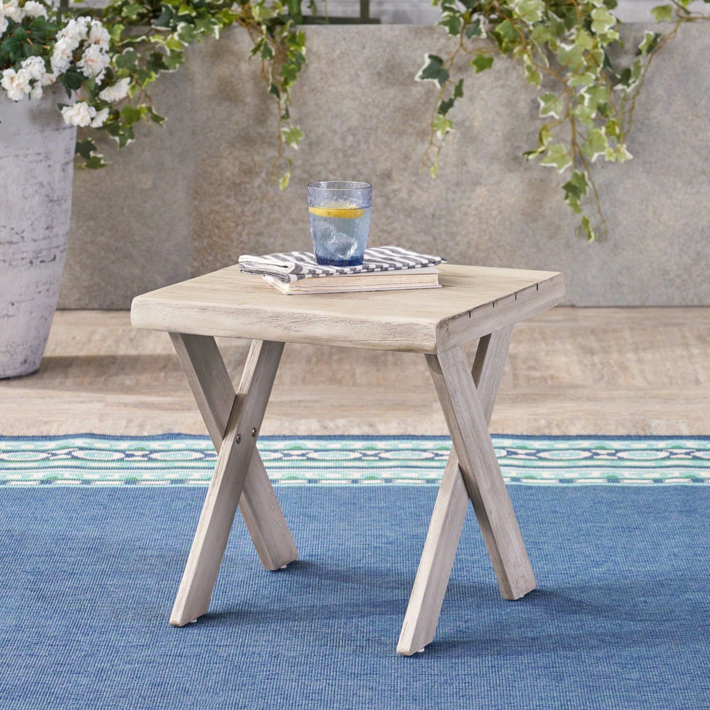 Rustic Acacia Wood Side Table With Sandblast Finish For Outdoor Patio And Backyard Use