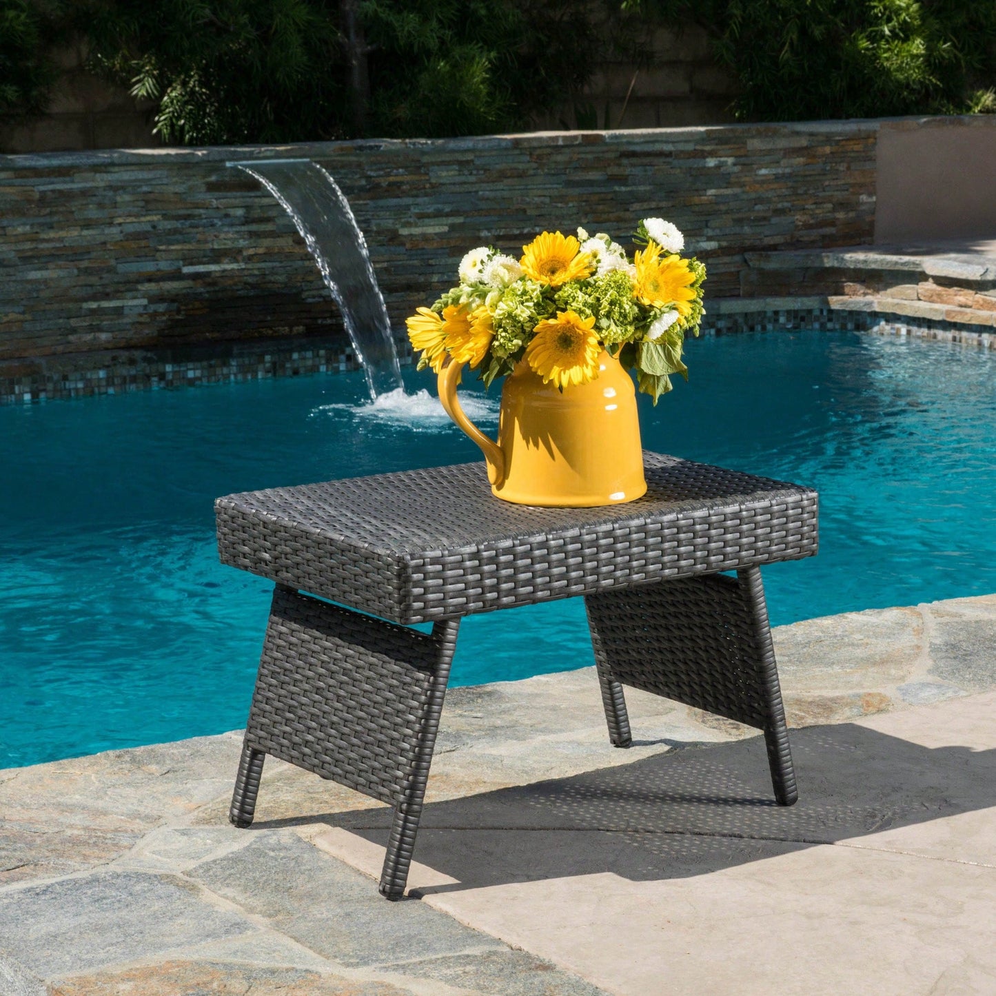 Transitional Faux Rattan Wicker Snack Table With Iron Frame No Assembly Required