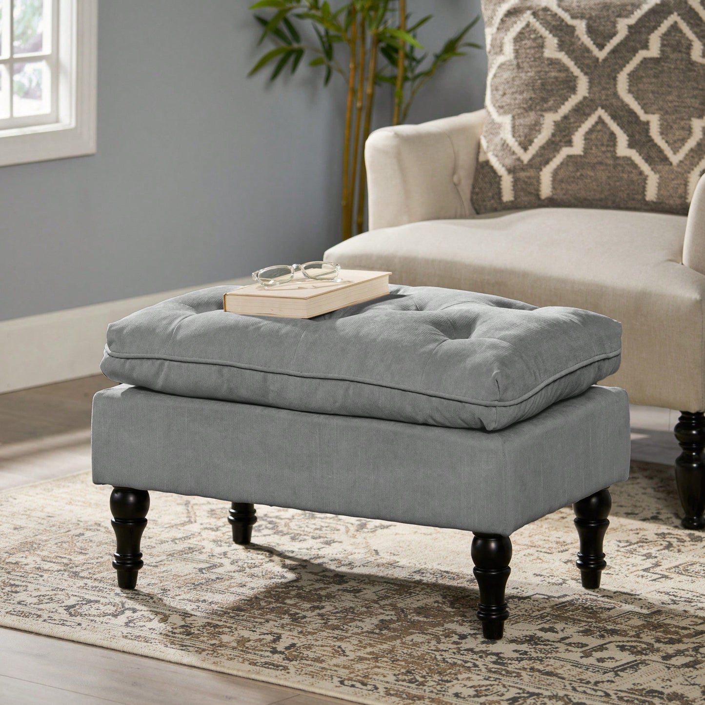 Contemporary Button Tufted Pillow Top Ottoman With Turned Legs For Living Room Seating And Style Upgrade