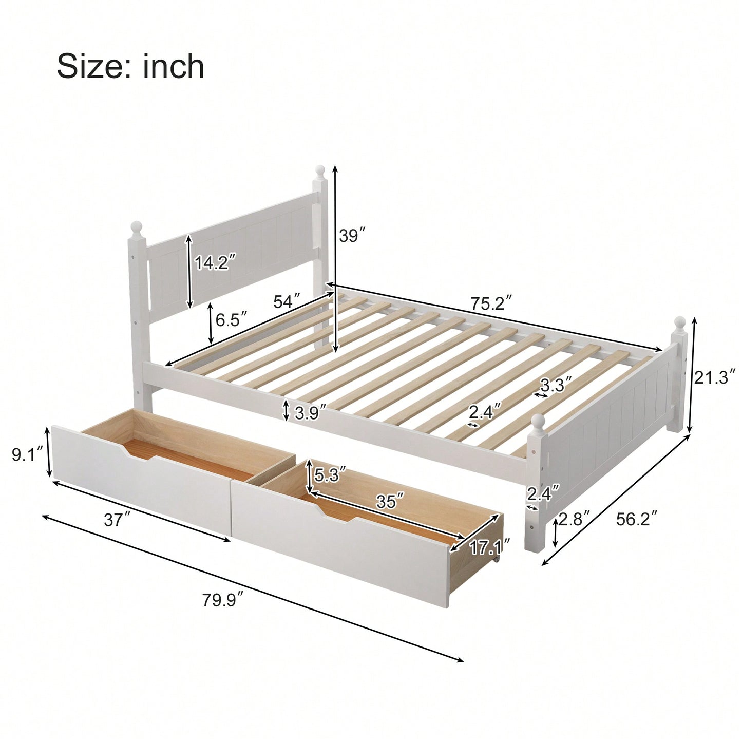 Full Size Solid Wood Platform Bed Frame With 2 Storage Drawers For Kids And Adults, No Box Spring Needed, Modern Design In White