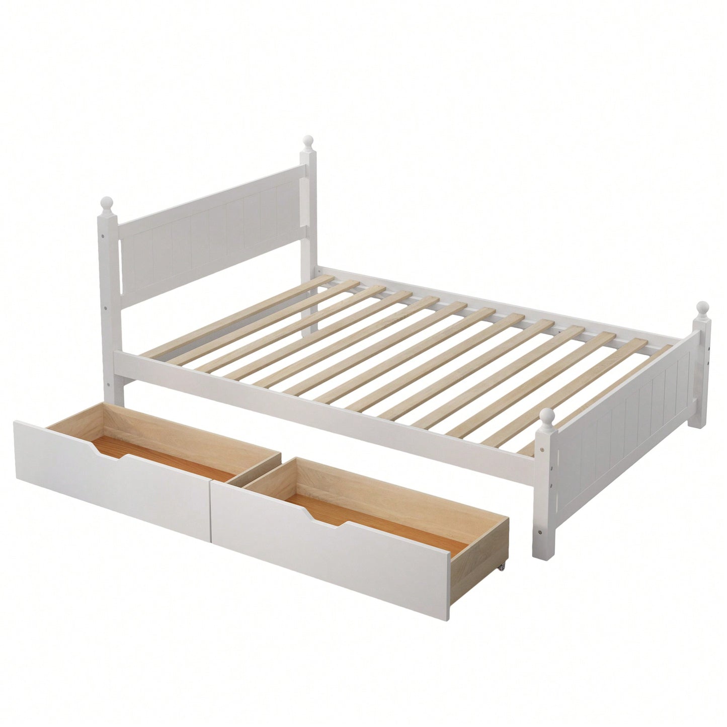 Full Size Solid Wood Platform Bed Frame With 2 Storage Drawers For Kids And Adults, No Box Spring Needed, Modern Design In White