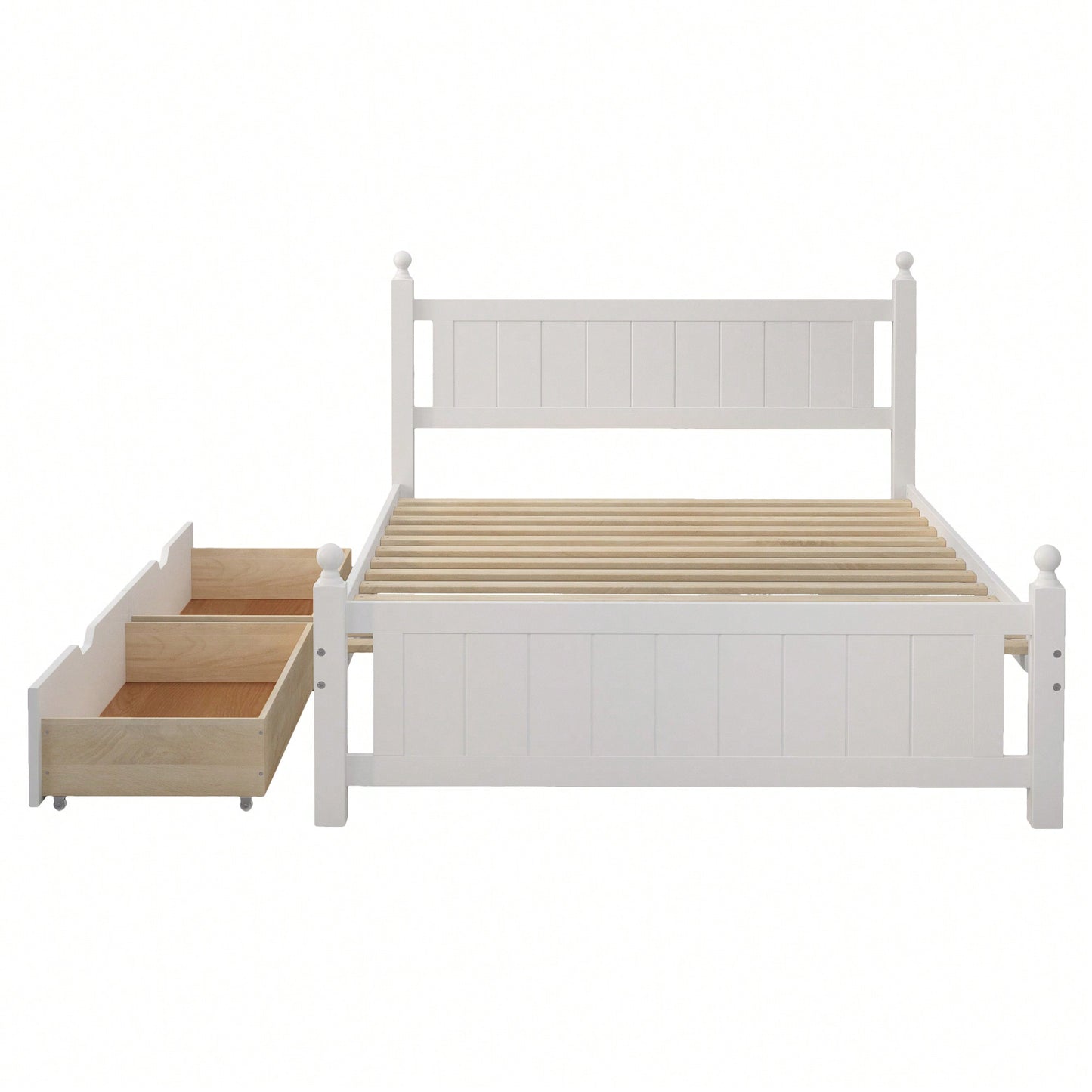 Full Size Solid Wood Platform Bed Frame With 2 Storage Drawers For Kids And Adults, No Box Spring Needed, Modern Design In White