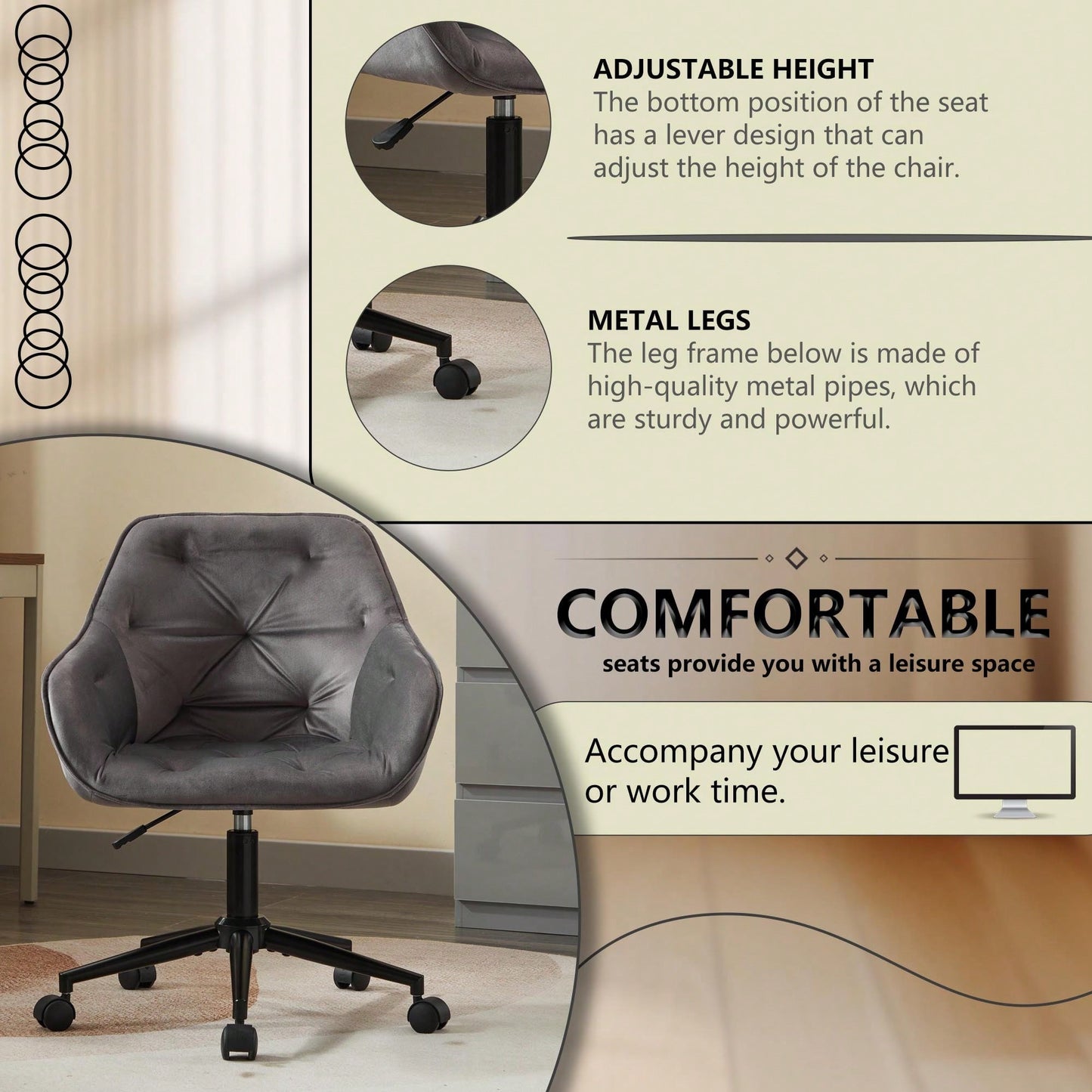 Velvet Home Office Chair, Modern Home Desk Chair With Wheels , Vanity Chairs For Living Room, Bedroom,Study Room,Computer Chair