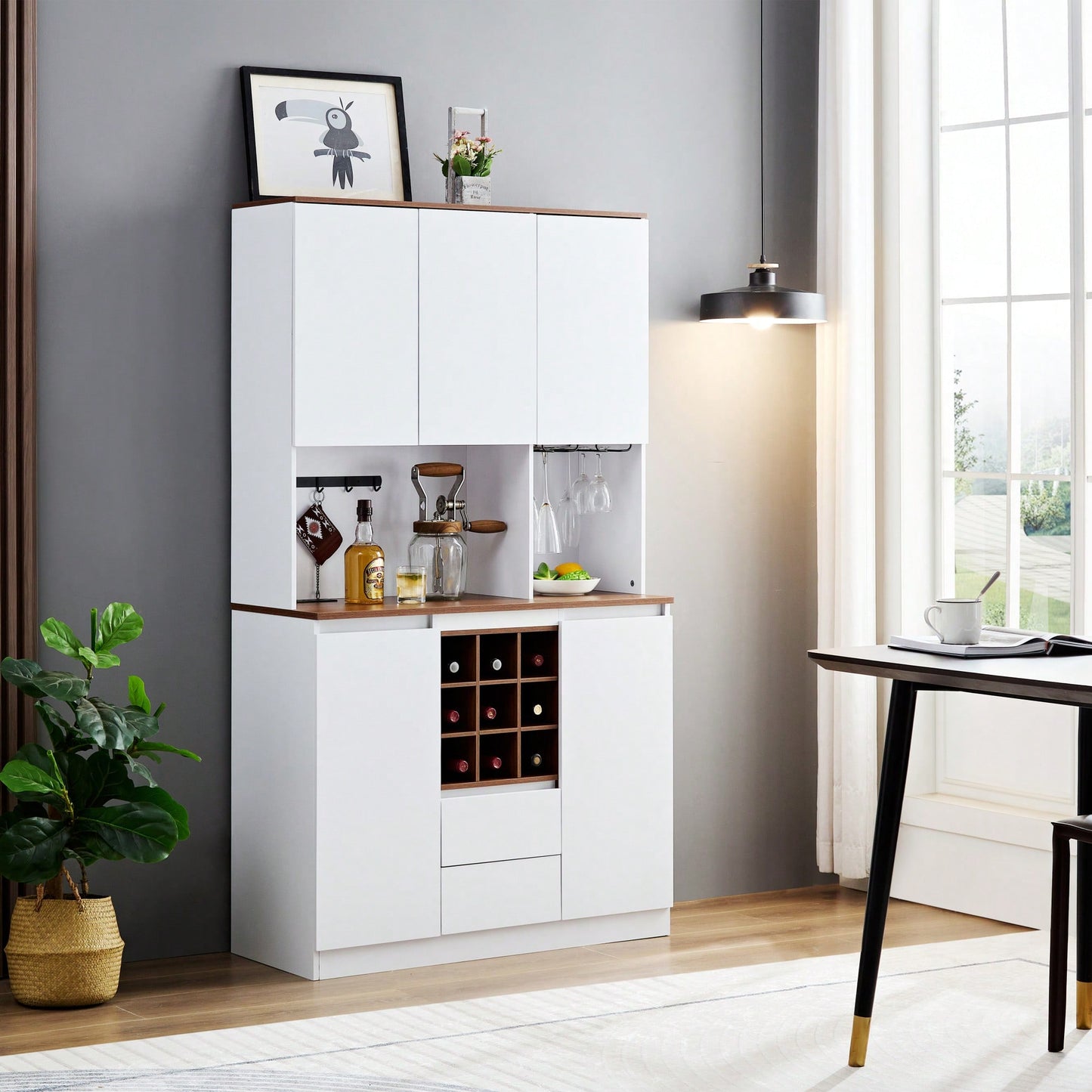 Farmhouse Kitchen Buffet Cabinet With Wine Storage And Power Outlets