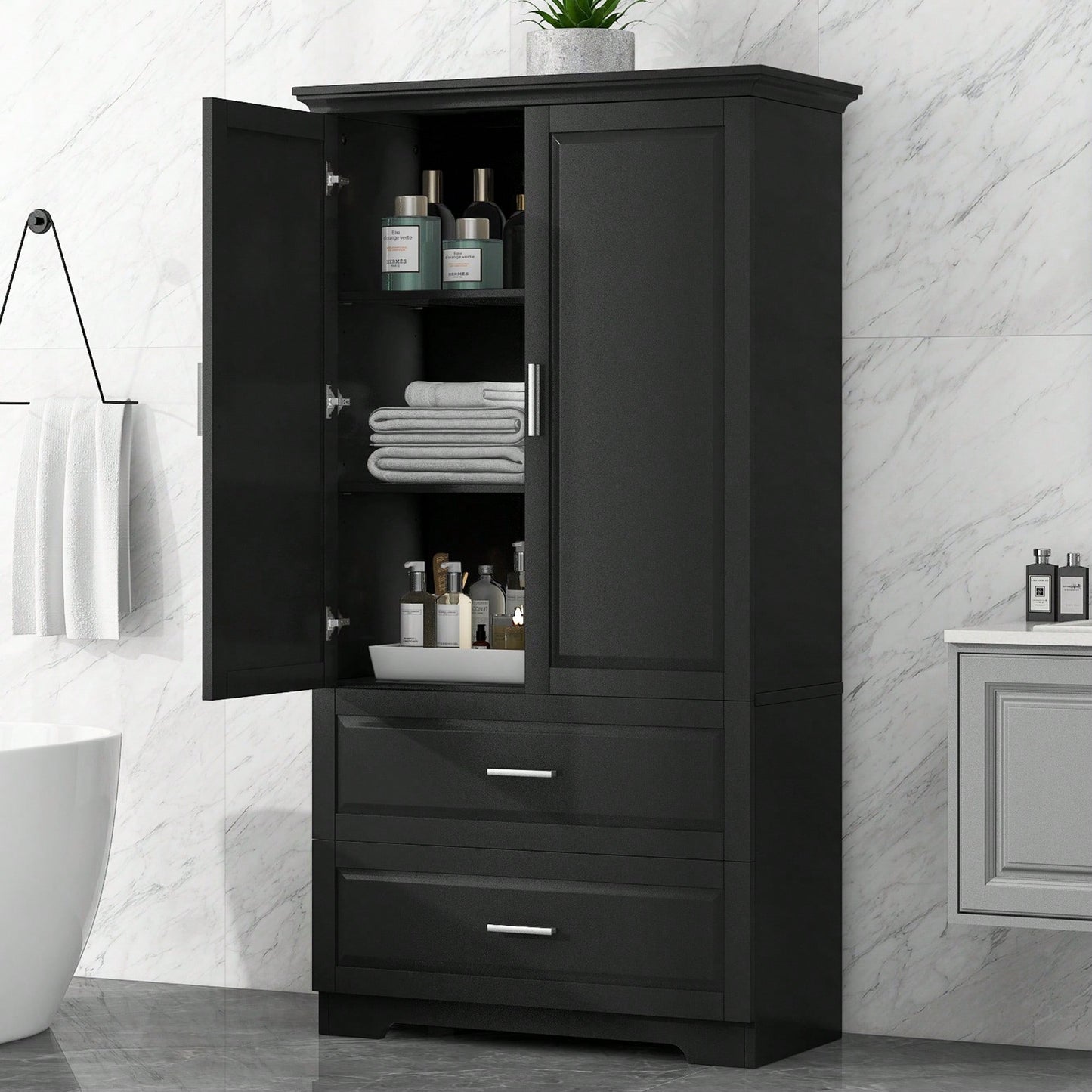 Tall Black Bathroom Storage Cabinet With Adjustable Shelves And Drawers