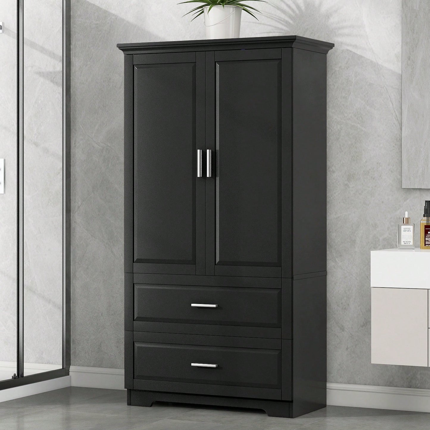 Tall Black Bathroom Storage Cabinet With Adjustable Shelves And Drawers