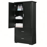 Tall Black Bathroom Storage Cabinet With Adjustable Shelves And Drawers