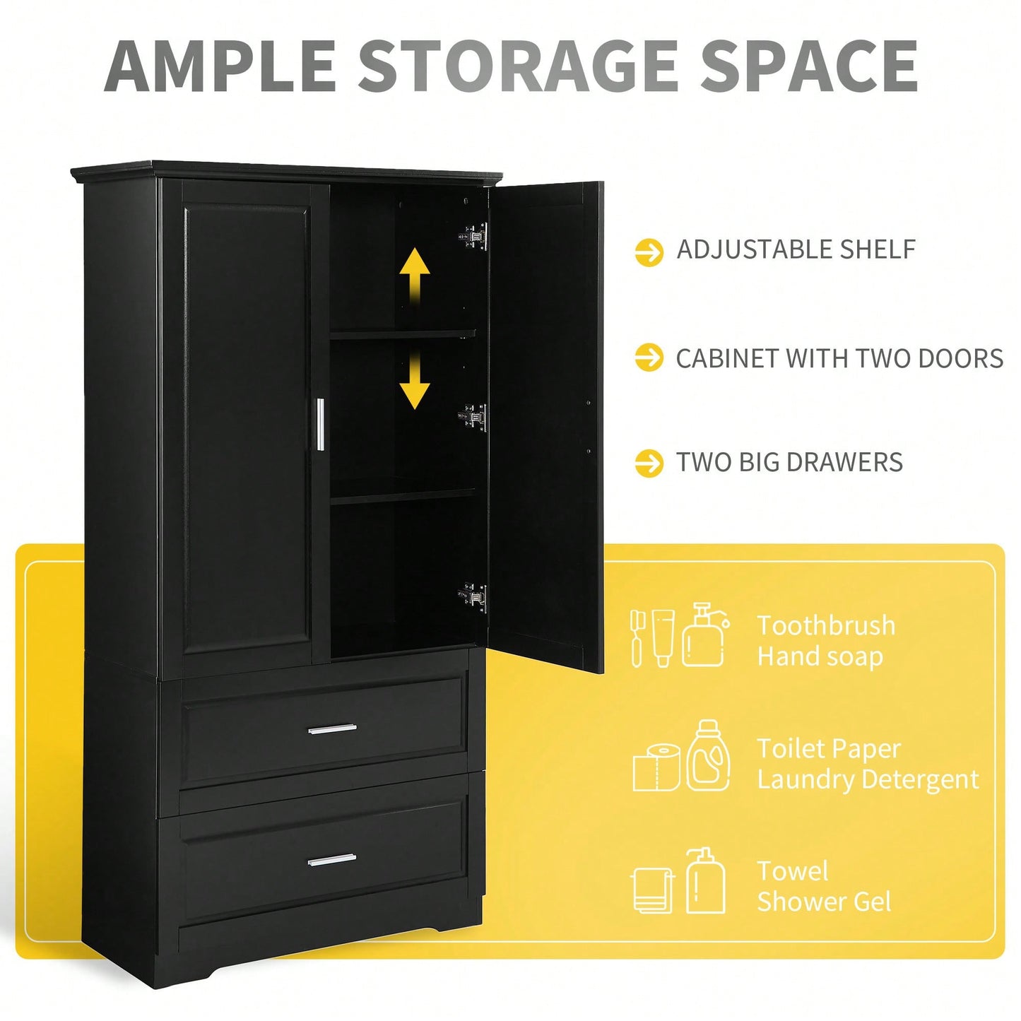 Tall Black Bathroom Storage Cabinet With Adjustable Shelves And Drawers