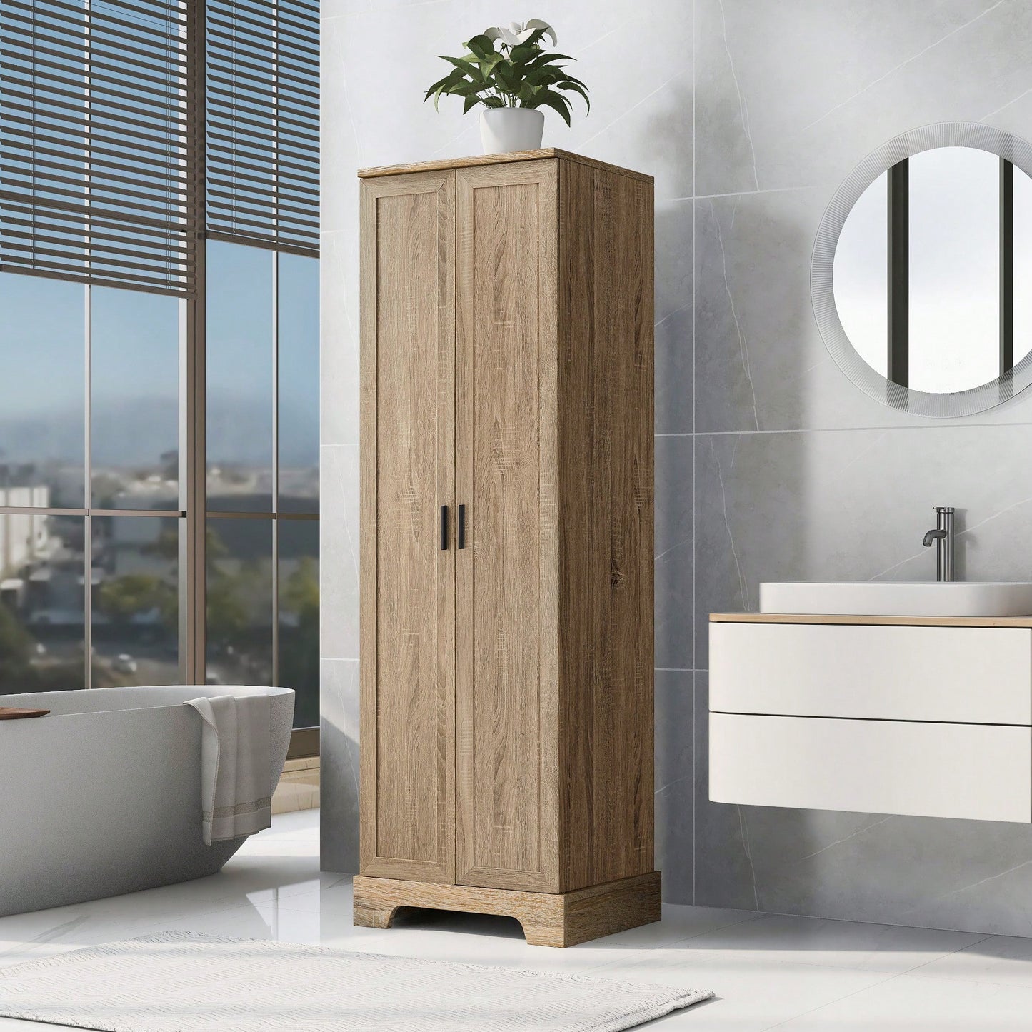 Brown MDF Storage Cabinet With Two Doors, Adjustable Shelves, Anti-Tipping Device For Bathroom And Office Use