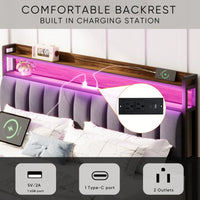 Full Size LED Bed Frame With Storage Headboard And Drawers, USB Charging Station, Easy Assembly, Noise-Free Design, Grey