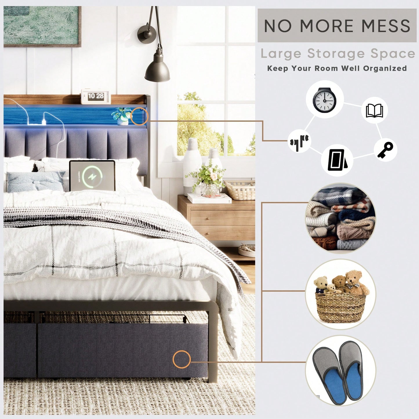 Full Size LED Bed Frame With Storage Headboard And Drawers, USB Charging Station, Easy Assembly, Noise-Free Design, Grey