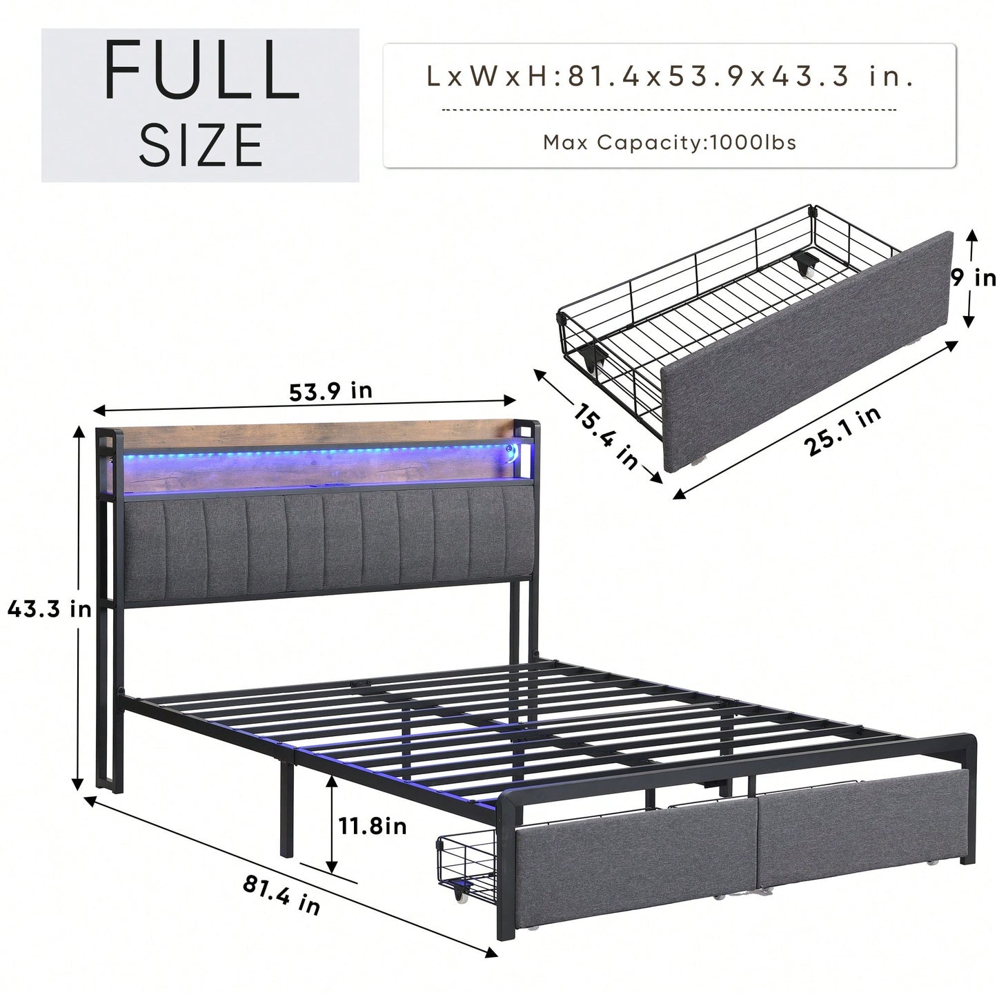 Full Size LED Bed Frame With Storage Headboard And Drawers, USB Charging Station, Easy Assembly, Noise-Free Design, Grey