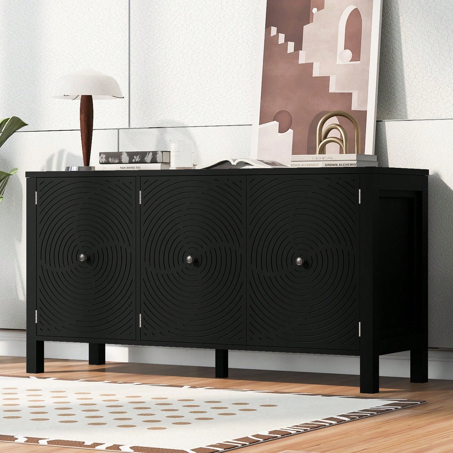 Elegant Three-Door Sideboard With Curved Swirl Patterned Doors For Living Room And Study Storage