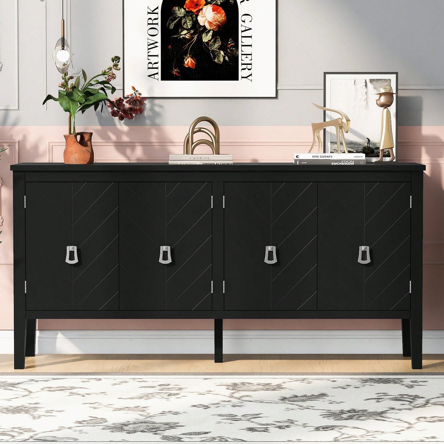 Elegant Four-Door Sideboard With Geometric Patterns And Vintage Metal Handles For Living Rooms, Entrances, And Studies
