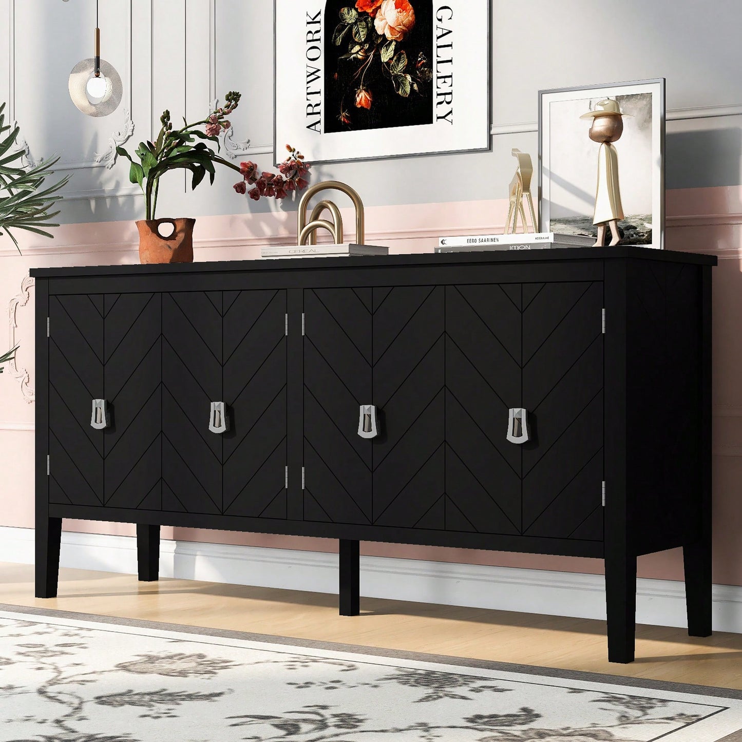 Elegant Four-Door Sideboard With Geometric Patterns And Vintage Metal Handles For Living Rooms, Entrances, And Studies