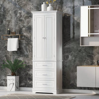 Tall White Storage Cabinet With Adjustable Shelves And Three Drawers For Bathroom Office Organization