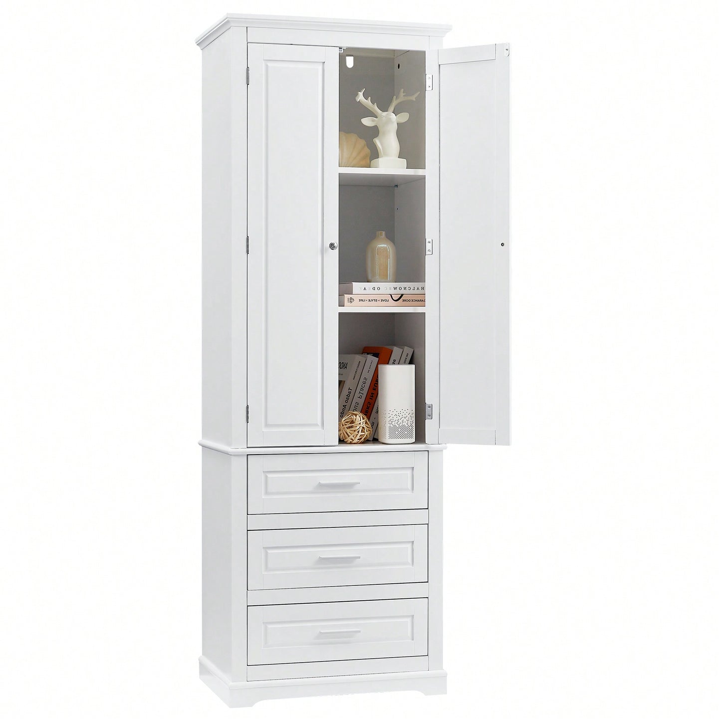 Tall White Storage Cabinet With Adjustable Shelves And Three Drawers For Bathroom Office Organization