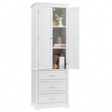 Tall White Storage Cabinet With Adjustable Shelves And Three Drawers For Bathroom Office Organization