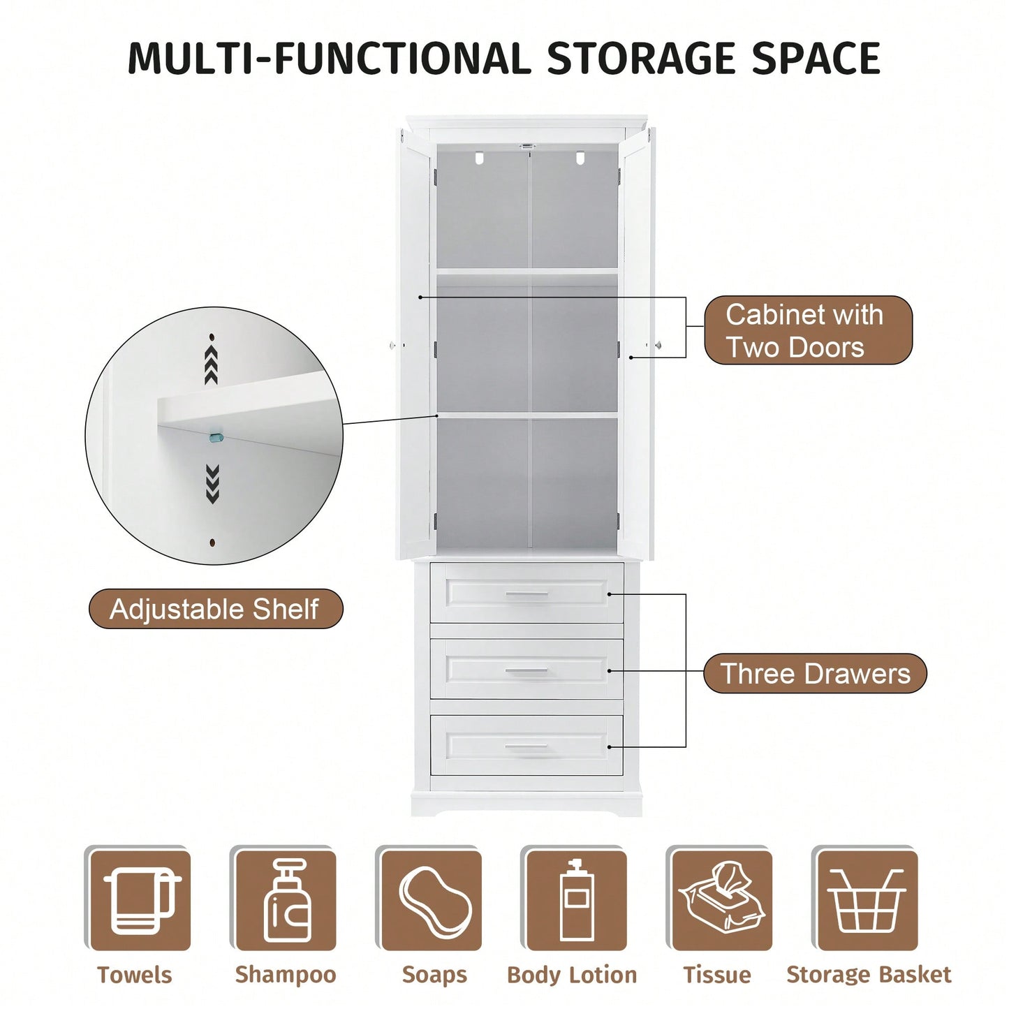 Tall White Storage Cabinet With Adjustable Shelves And Three Drawers For Bathroom Office Organization