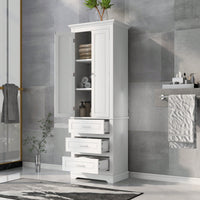 Tall White Storage Cabinet With Adjustable Shelves And Three Drawers For Bathroom Office Organization