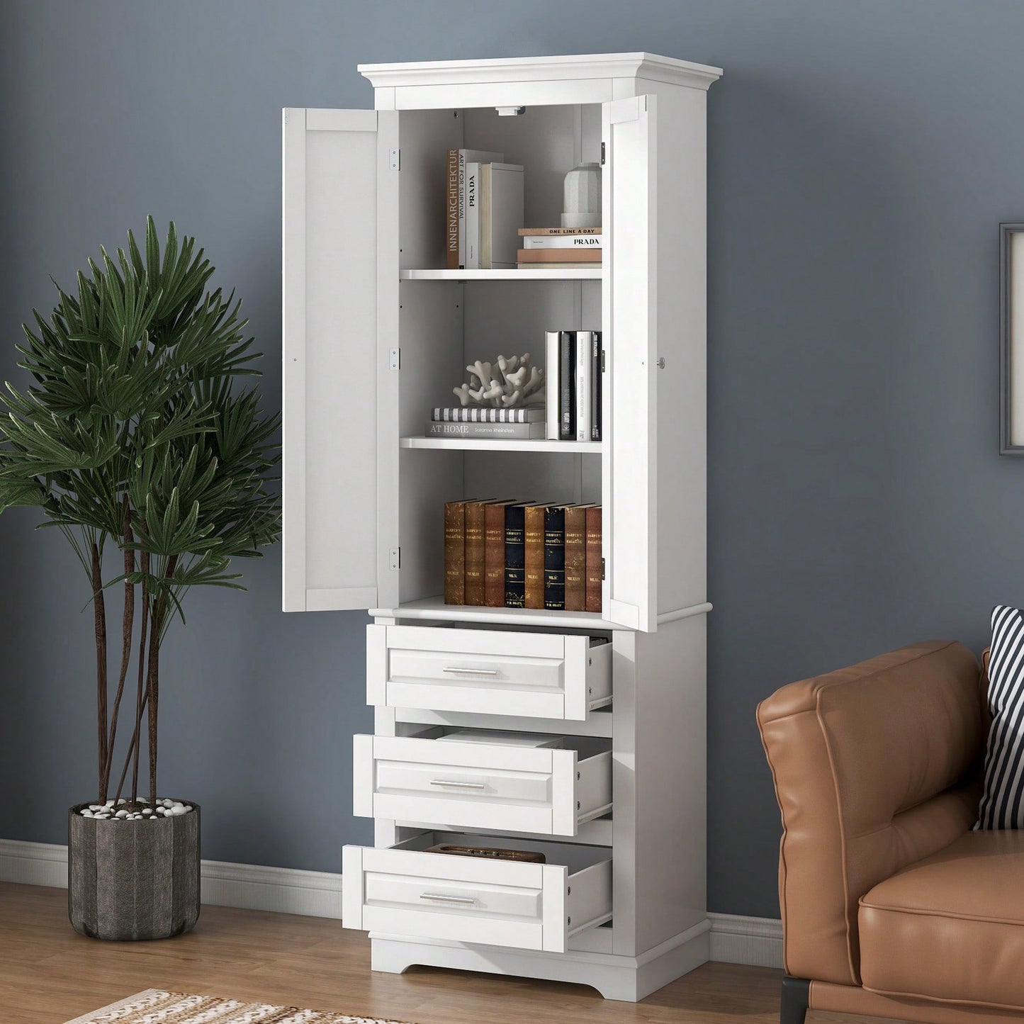 Tall White Storage Cabinet With Adjustable Shelves And Three Drawers For Bathroom Office Organization