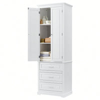 Tall White Storage Cabinet With Adjustable Shelves And Three Drawers For Bathroom Office Organization