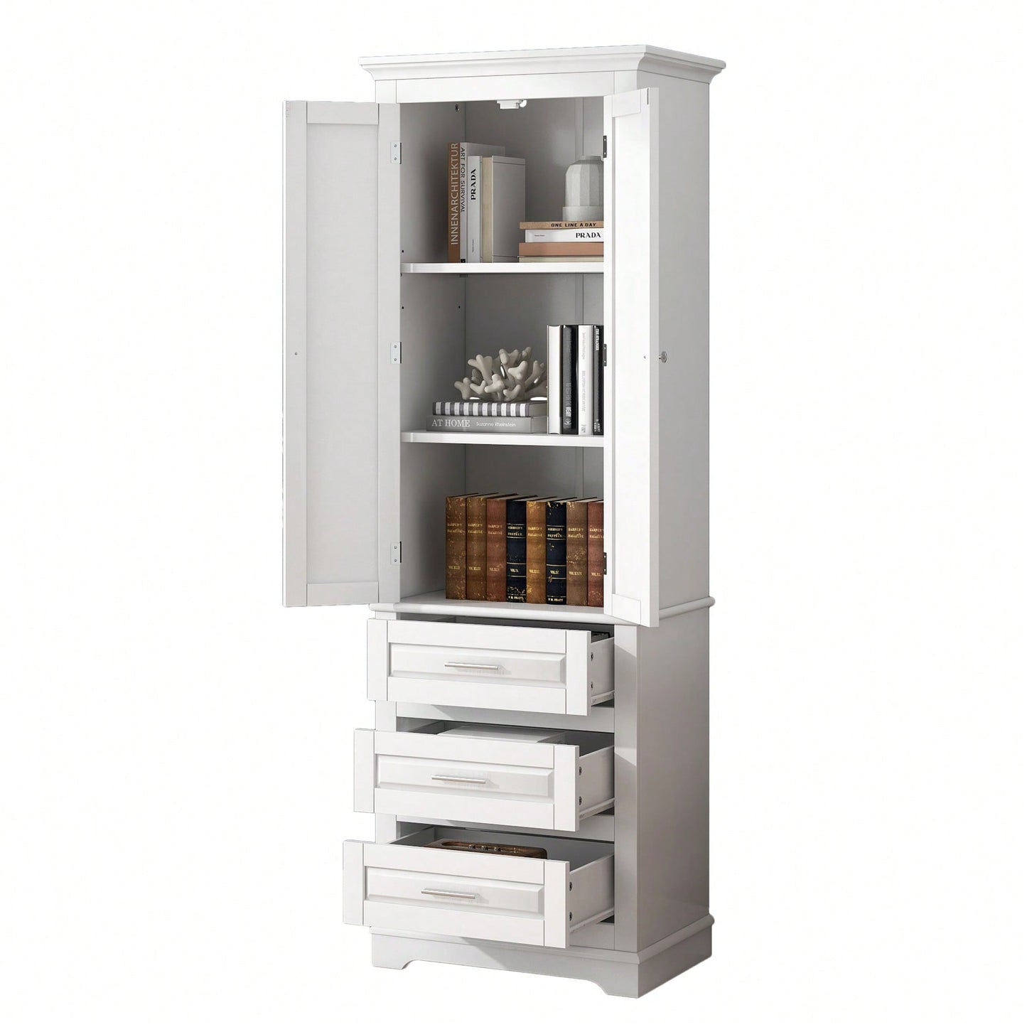 Tall White Storage Cabinet With Adjustable Shelves And Three Drawers For Bathroom Office Organization