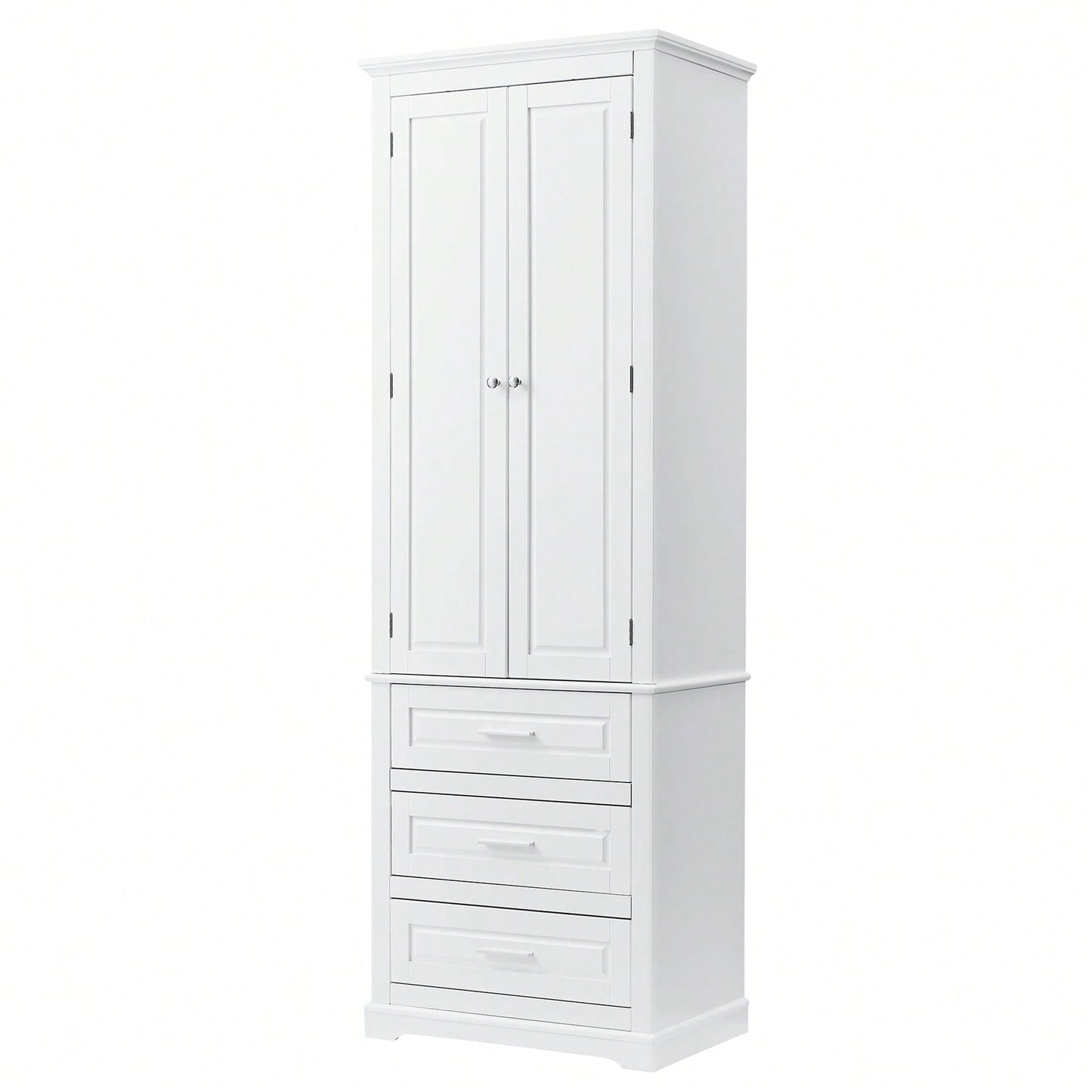 Tall White Storage Cabinet With Adjustable Shelves And Three Drawers For Bathroom Office Organization